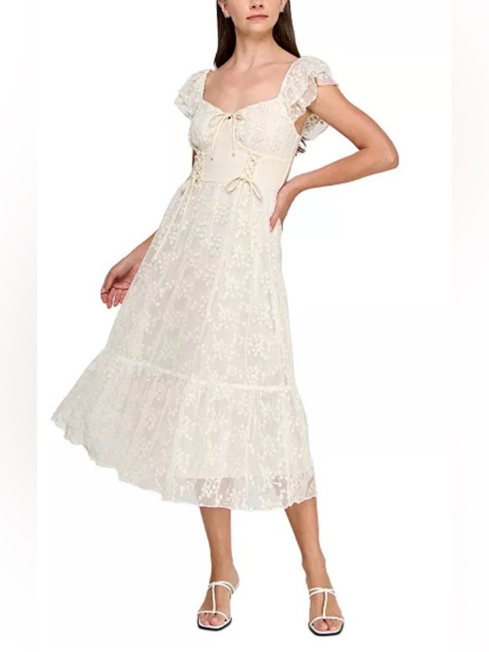 ROW A White Floral Lace Smocked Midi Dress Square Neck Flutter Sleeve Size S NWT